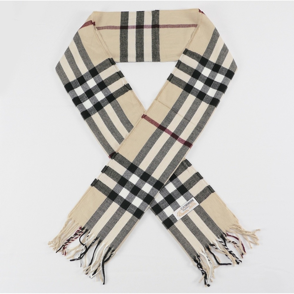 Royal Rossi 100% Mongolian Cashmere Plaid Check Scarf Tan Black White Fringe 70"